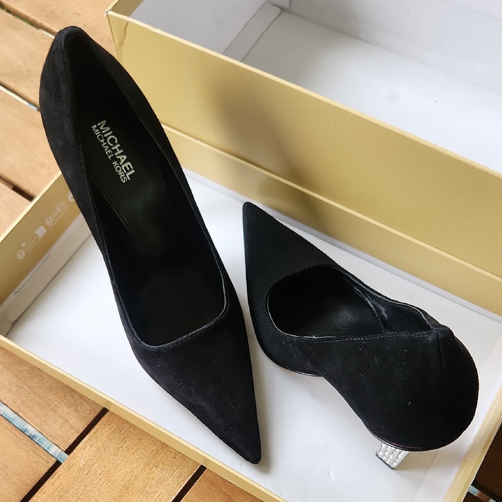 Michael Kors Black Suede Pointed-Toe Glam Rinstone Heels